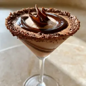 High-angle view of a creamy Baileys Chocolate Martini with a thick syrup swirl. (Baileys Chocolate Martini)