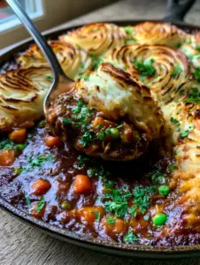 Smartphone photo of a cast iron skillet filled with Shepherd's Pie showing crispy potato ridges and fresh parsley. (Shepherd's Pie)