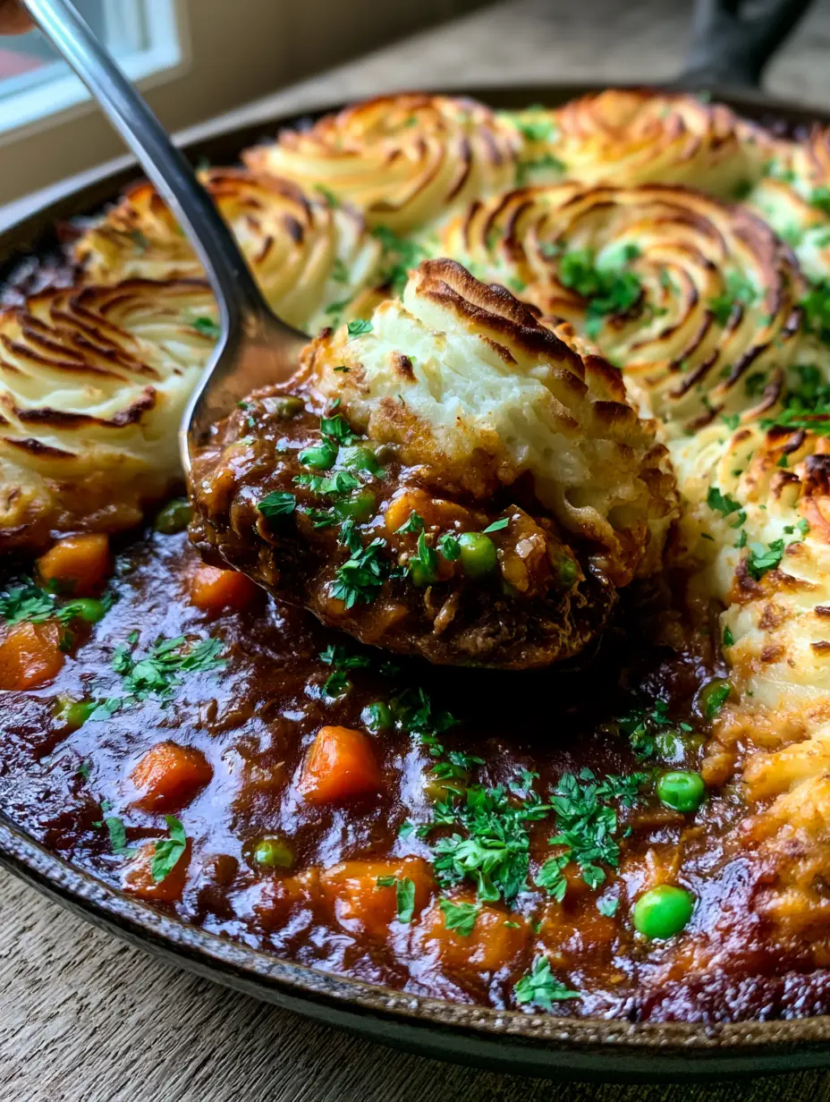Shepherd's Pie with Savory Mahogany Gravy and Crispy Potato Peaks 3 Smartphone photo of a cast iron skillet filled with Shepherd's Pie showing crispy potato ridges and fresh parsley. (Shepherd's Pie)
