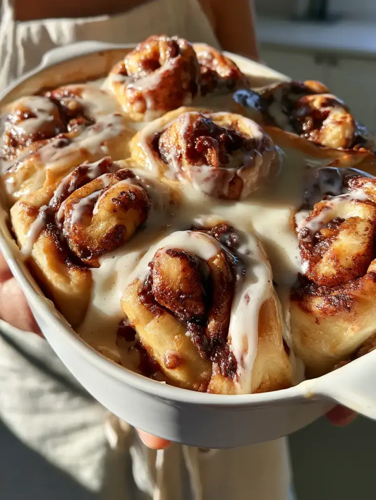 Cinnamon Roll Breakfast Bake with Heavy Cream Soak and Vanilla Bean Glaze 1 A person in a clean apron holding a white ceramic dish of Cinnamon Roll Breakfast Bake in soft morning sunlight.