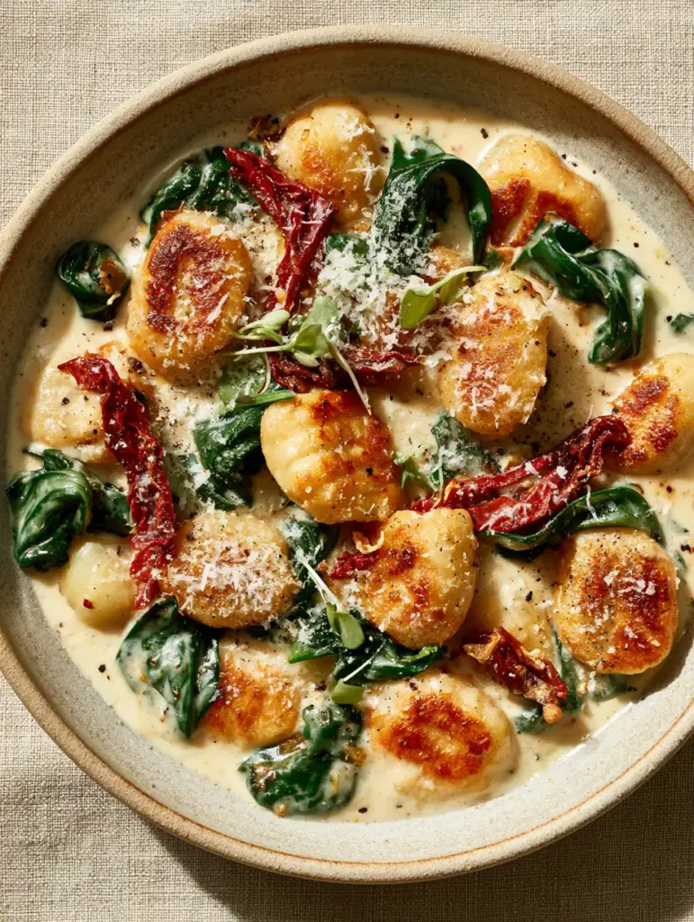 Rustic ceramic bowl of creamy gnocchi with wilted spinach and red sun-dried tomatoes on a linen cloth.