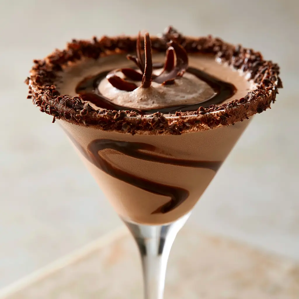 Detailed shot of the chocolate curl and cocoa powder rim on a Baileys Chocolate Martini glass.