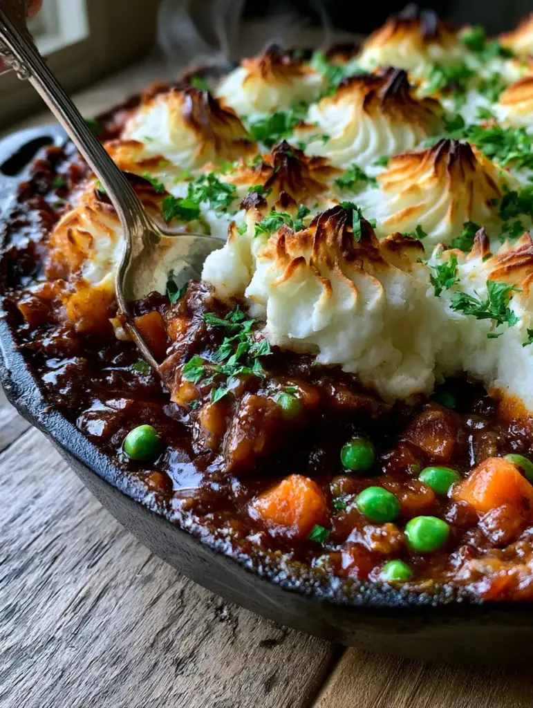 Shepherd's Pie with Savory Mahogany Gravy and Crispy Potato Peaks 1 Angled close-up of Shepherd's Pie with visible mahogany-colored beef gravy, carrots, and bright green peas.