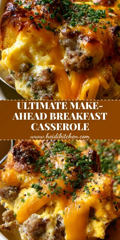 A close-up shot of a make-ahead breakfast casserole with a bubbly golden-brown cheese crust and fresh chives.