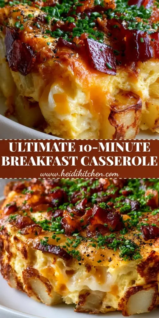 Cheesy Bacon Potato Breakfast Casserole with Crispy Roasted Cubes 4 A tall, steaming slice of cheesy bacon potato breakfast casserole showing layers of golden potato cubes, fluffy eggs, and mahogany crispy bacon bits on a white plate.
