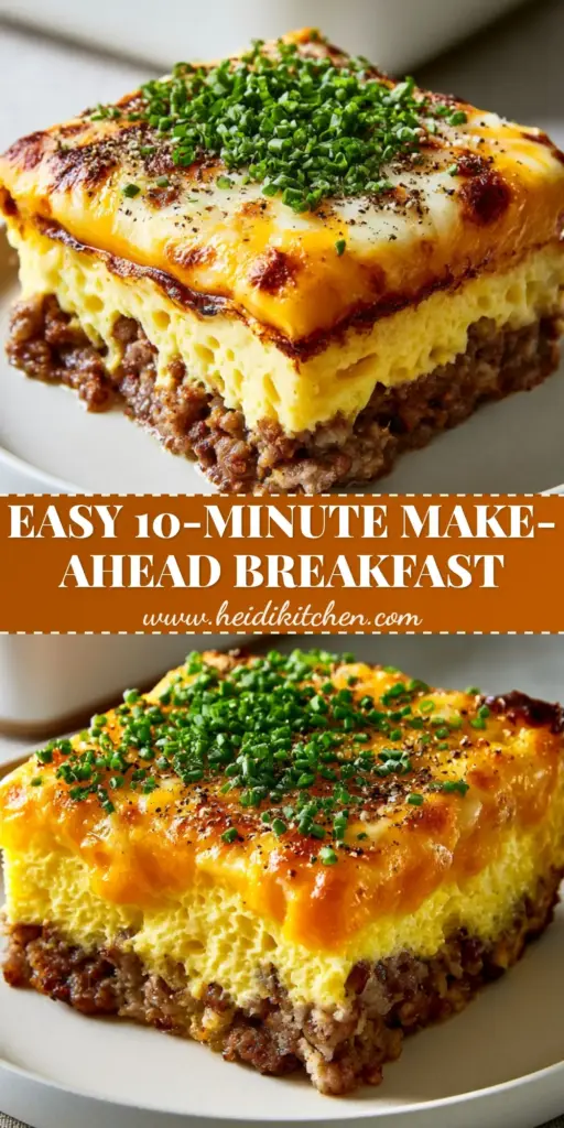 Sausage Egg and Cheese Breakfast Casserole: The Ultimate Fluffy Recipe 3 A close-up vertical shot of a square slice of sausage egg and cheese breakfast casserole with bubbling cheddar and fresh chives on a white plate.
