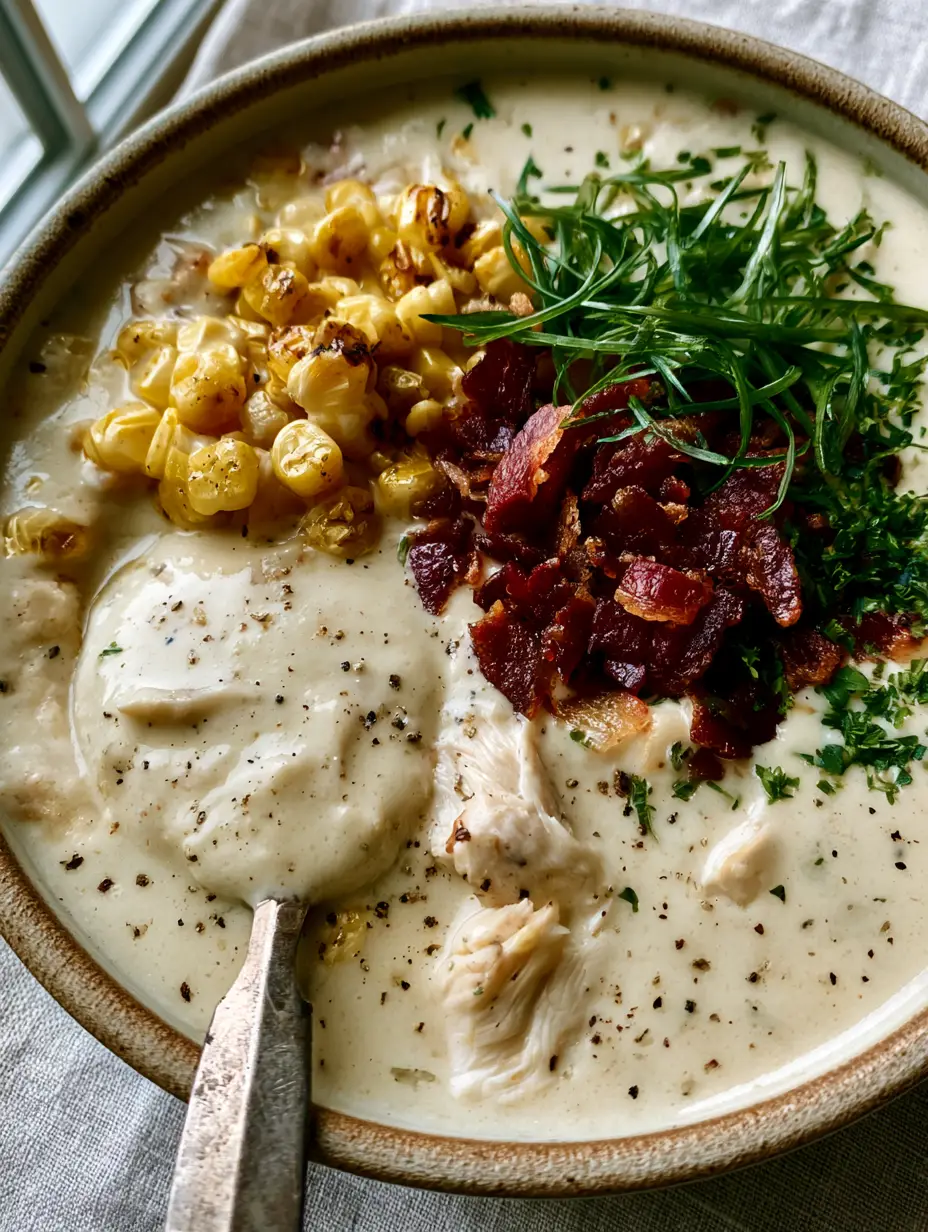 High-angle close-up of Chicken Corn Chowder showing visible flecks of black pepper and steam wisps.