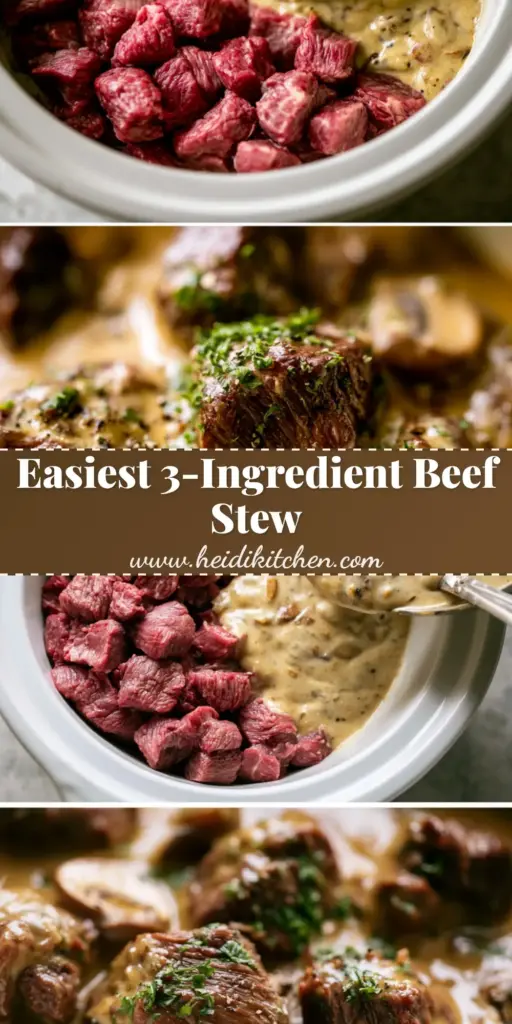 A tall Pinterest pin showing tender braised beef tips in a thick cream of mushroom gravy with fresh parsley garnish. (Cream of mushroom beef stew)
