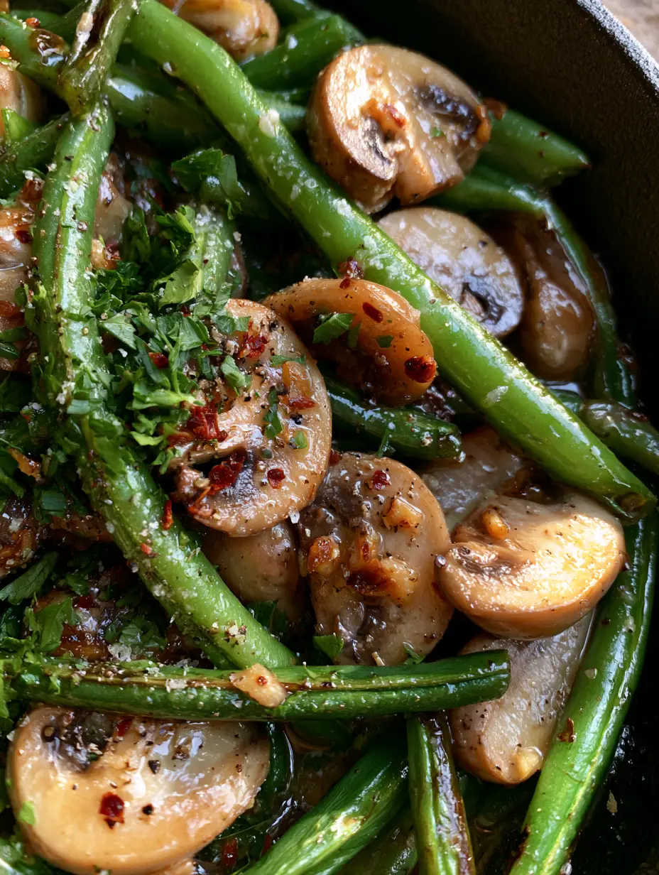 Green Beans with Mushrooms: The Ultimate Garlic Butter Side Dish 4 Extreme close-up of blistered emerald green beans and seared cremini mushrooms. (Green Beans with Mushrooms)