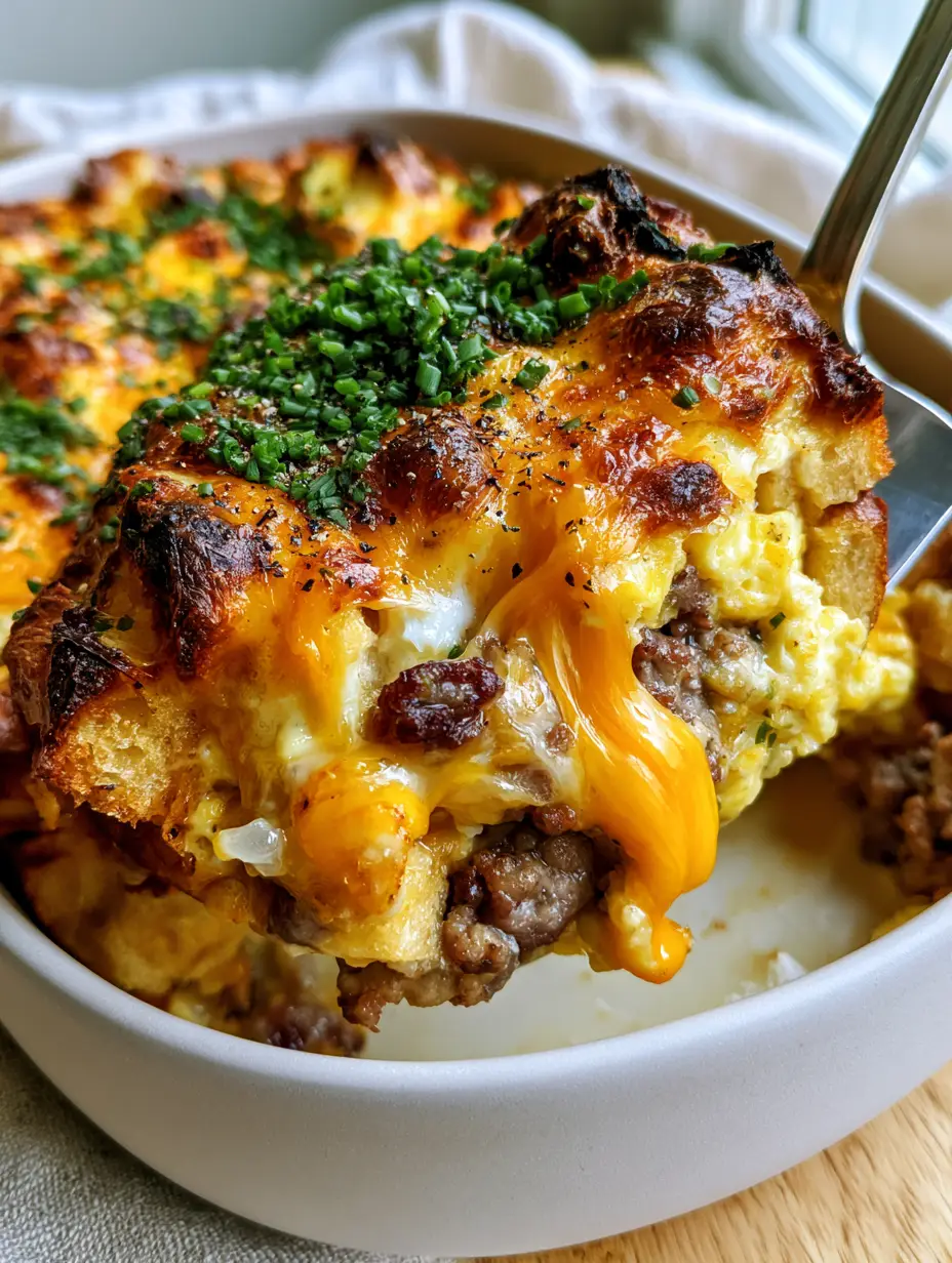 A macro hero shot of a single scoop of make-ahead breakfast casserole revealing layers of sourdough, sausage, and melted cheddar cheese.