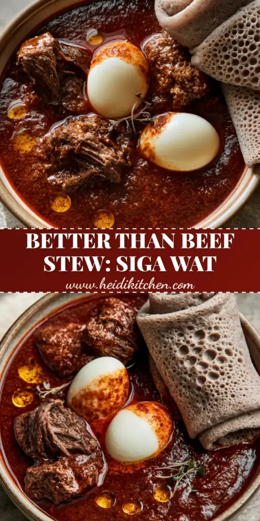 Ethiopian Beef Stew (Siga Wat): A Bold, Slow-Simmered Masterpiece 4 A vertical photo of Ethiopian Beef Stew (Siga Wat) featuring dark-red sauce, tender beef chuck, and whole hard-boiled eggs with rolled teff injera.