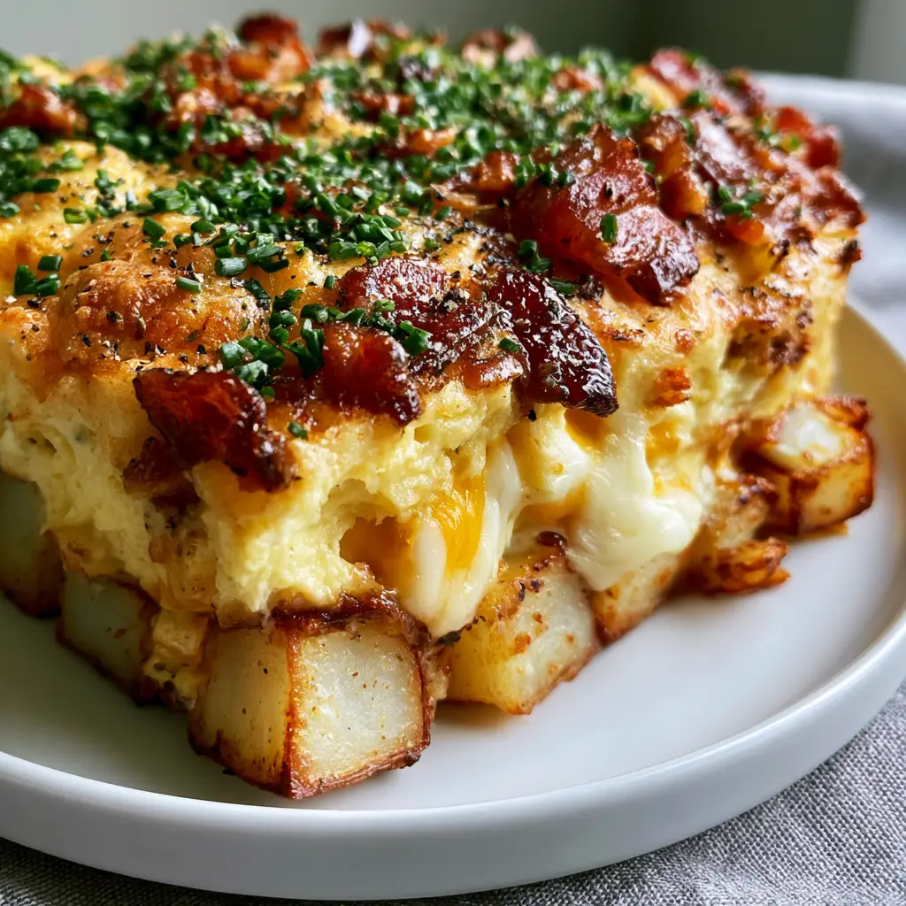 Cheesy Bacon Potato Breakfast Casserole with Crispy Roasted Cubes 2 Macro close-up of a cheesy bacon potato breakfast casserole slice with visible melted mozzarella and chives.