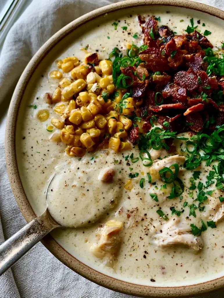 A weathered silver spoon lifting a thick portion of Chicken Corn Chowder from a rustic stoneware bowl.
