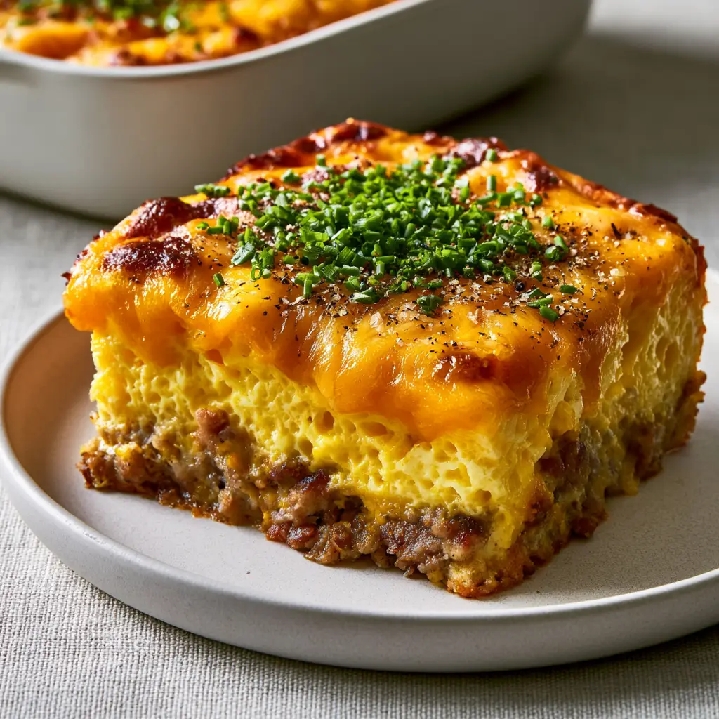 Sausage Egg and Cheese Breakfast Casserole: The Ultimate Fluffy Recipe 2 A high-angle photo of a thick slice of sausage egg and cheese breakfast casserole showing layers of browned pork sausage and aerated eggs.