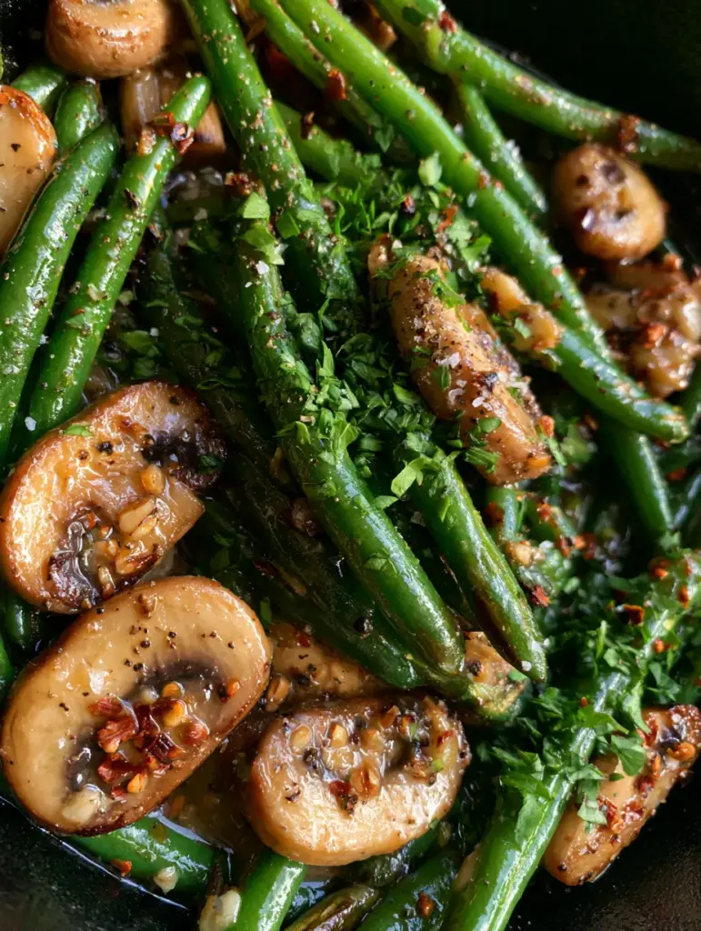 Green Beans with Mushrooms: The Ultimate Garlic Butter Side Dish 1 Top-down view of Green Beans with Mushrooms in a matte black cast iron skillet with parsley garnish.