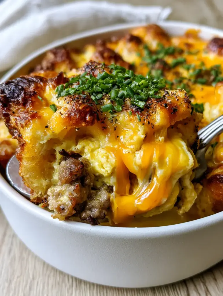 A top-down view of the bubbly golden-brown cheese crust on a make-ahead breakfast casserole in a ceramic dish.