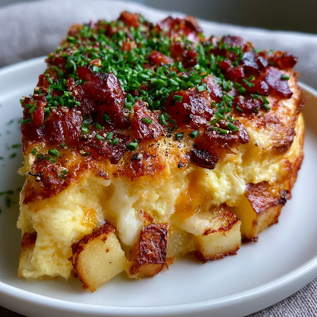 Cheesy Bacon Potato Breakfast Casserole with Crispy Roasted Cubes 1 A steaming slice of breakfast casserole with a bubbly golden cheese crust and roasted potato cubes foundation.