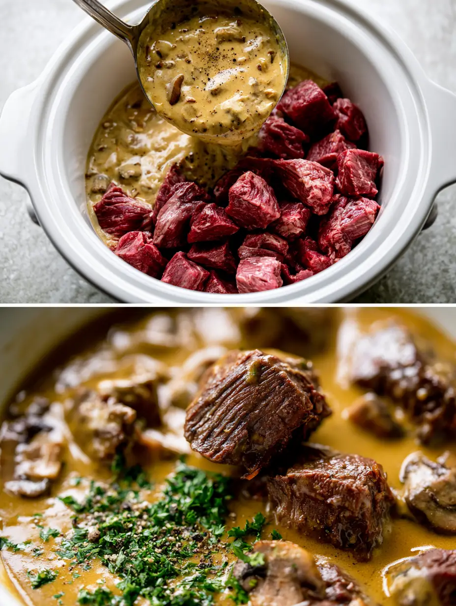 Split screen view showing raw beef chuck in a slow cooker being topped with mushroom soup and the final glistening stew. (Cream of mushroom beef stew)