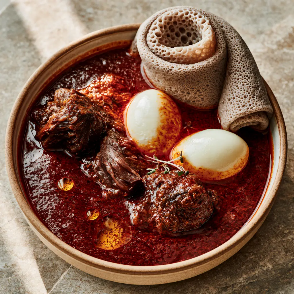 Ethiopian Beef Stew (Siga Wat): A Bold, Slow-Simmered Masterpiece 2 Overhead view of Ethiopian Beef Stew in a ceramic bowl with succulent beef chunks and stained hard-boiled eggs.