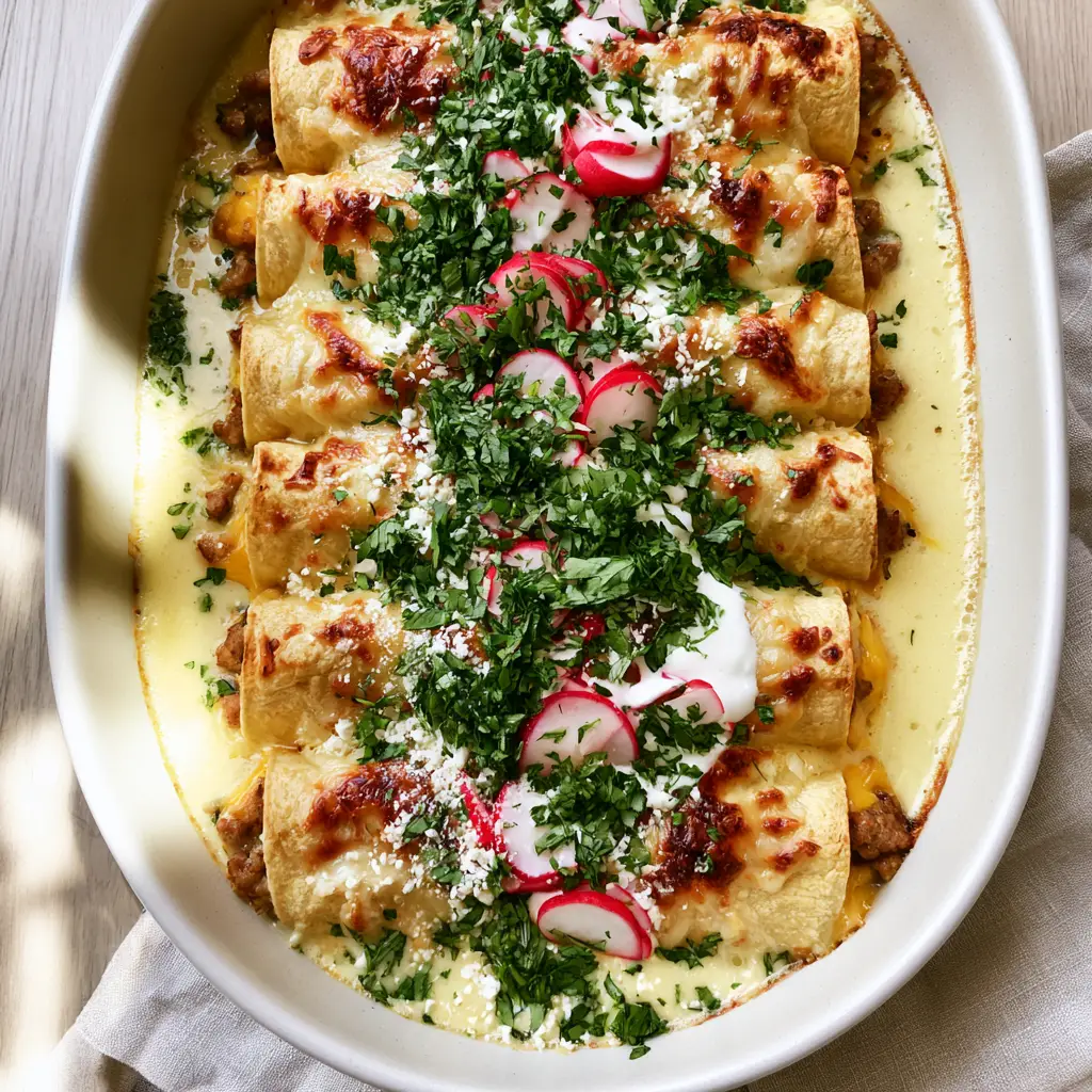 Slightly angled view of breakfast enchilada casserole highlighting the charred corn tortilla edges and creamy custard layer.