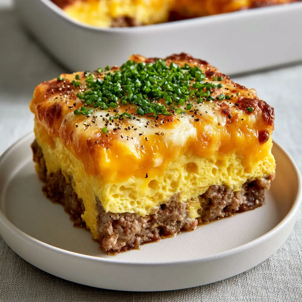 Sausage Egg and Cheese Breakfast Casserole: The Ultimate Fluffy Recipe 1 Detailed shot of bubbling sharp cheddar cheese with toasted edges on top of a sausage egg and cheese breakfast casserole.
