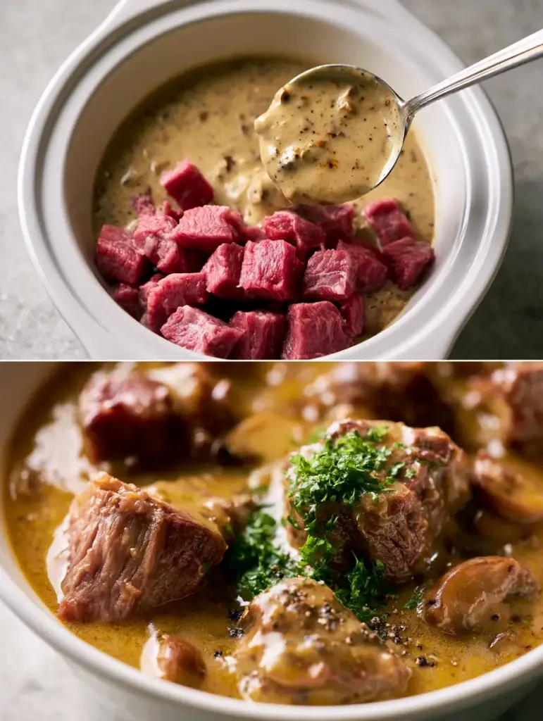 Close-up of tender beef tips falling apart in a thick brown mushroom gravy with cracked black pepper.