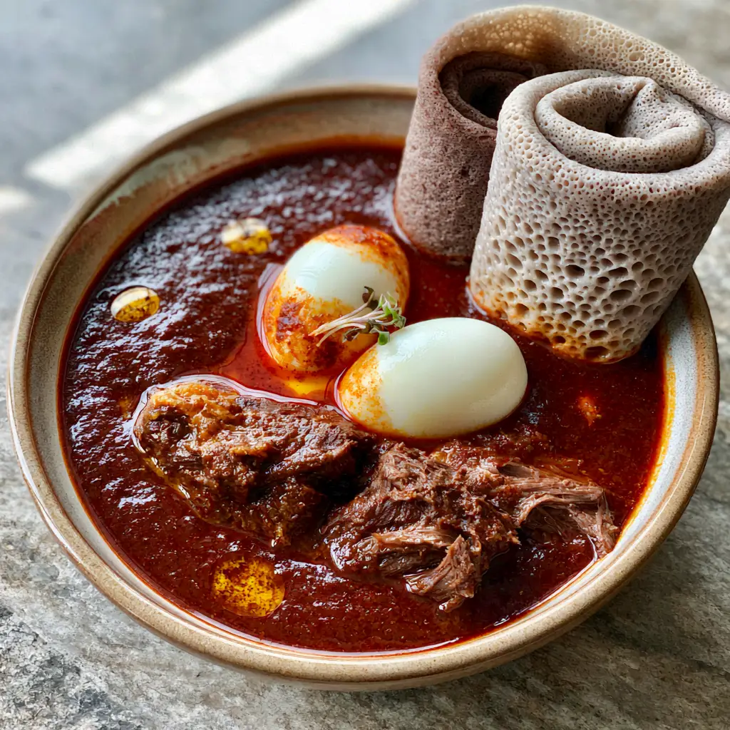 Ethiopian Beef Stew (Siga Wat): A Bold, Slow-Simmered Masterpiece 1 Close up of Ethiopian Beef Stew showing the glossy niter kibbeh glaze and porous teff injera texture.