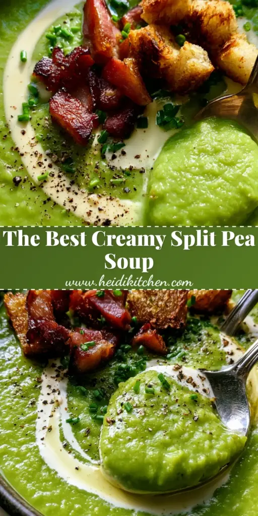 A top-down view of a vibrant green split pea soup bowl with a cream swirl, crispy ham, and sourdough croutons.
