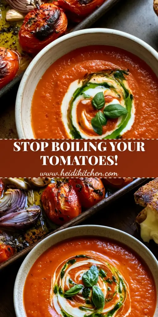 A rustic dark sheet pan with charred Roma tomatoes and a bowl of roasted tomato soup with a cream swirl and basil oil.