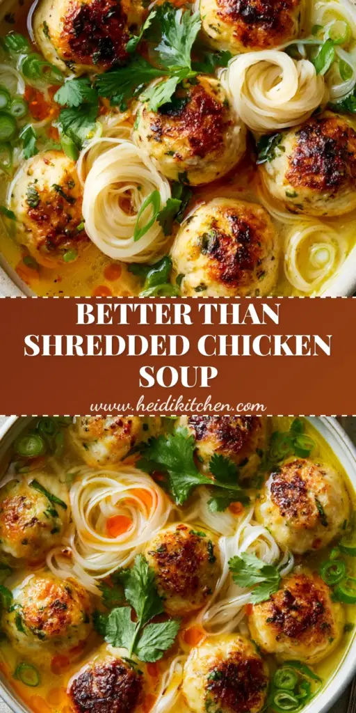 Chicken Meatball Noodle Soup with Chili Oil and Fresh Herbs 3 A steaming bowl of Chicken Meatball Noodle Soup with golden-brown seared meatballs, glossy rice noodles, and orange chili oil droplets.