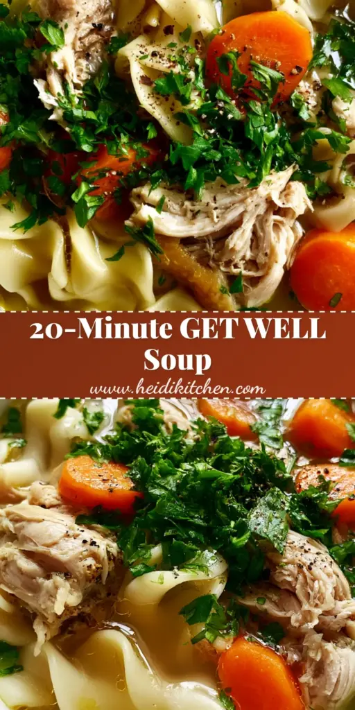 Chicken Noodle Soup with Rotisserie Chicken and Crystal-Clear Golden Broth 3 Overhead close-up of a white bowl filled with chicken noodle soup, featuring wide egg noodles, hand-shredded rotisserie chicken, and a crystal-clear golden broth garnished with parsley.
