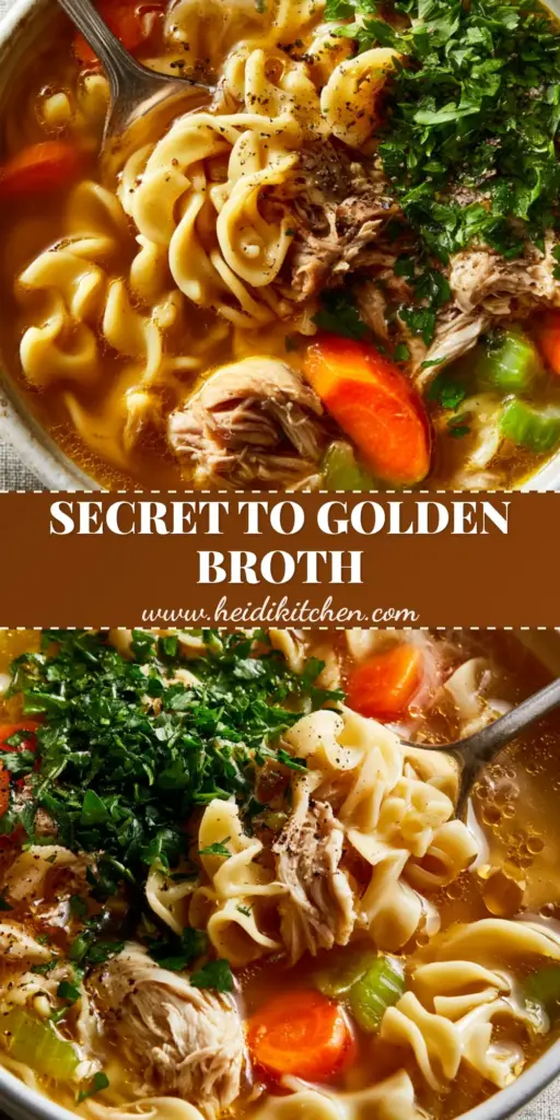 Vertical Pinterest Pin showing a rustic bowl of classic chicken noodle soup with deep amber-gold broth and wavy noodles.