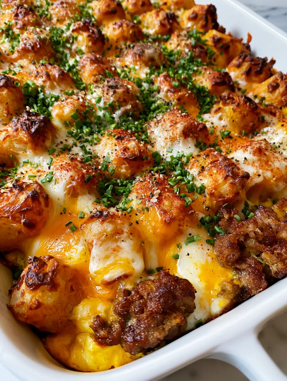 Top-down view of an extra-crispy breakfast casserole with golden brown tater tots and bubbling cheddar cheese.