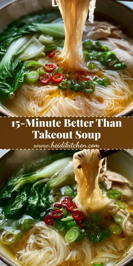 A high-angle handheld smartphone photo of a deep ceramic bowl of Chinese Rice Noodle Soup with clear golden broth, poached chicken, and emerald bok choy.