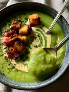A macro shot of thick velvety green split pea soup with a heavy cream swirl and cracked black pepper.