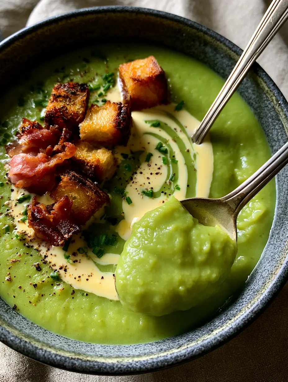 A macro shot of thick velvety green split pea soup with a heavy cream swirl and cracked black pepper.