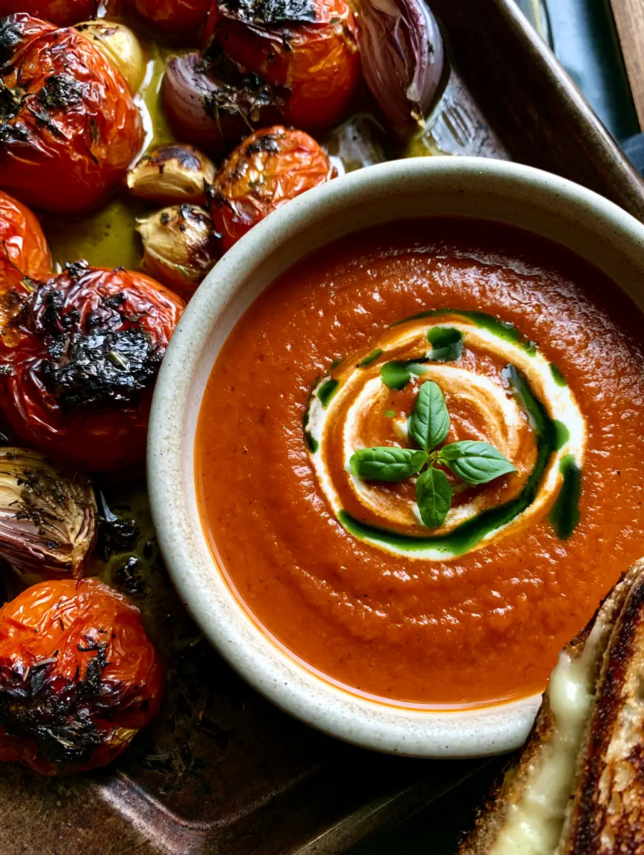 Top-down view of roasted tomato soup in a white bowl next to a sheet pan of blistered tomatoes. (roasted tomato soup)