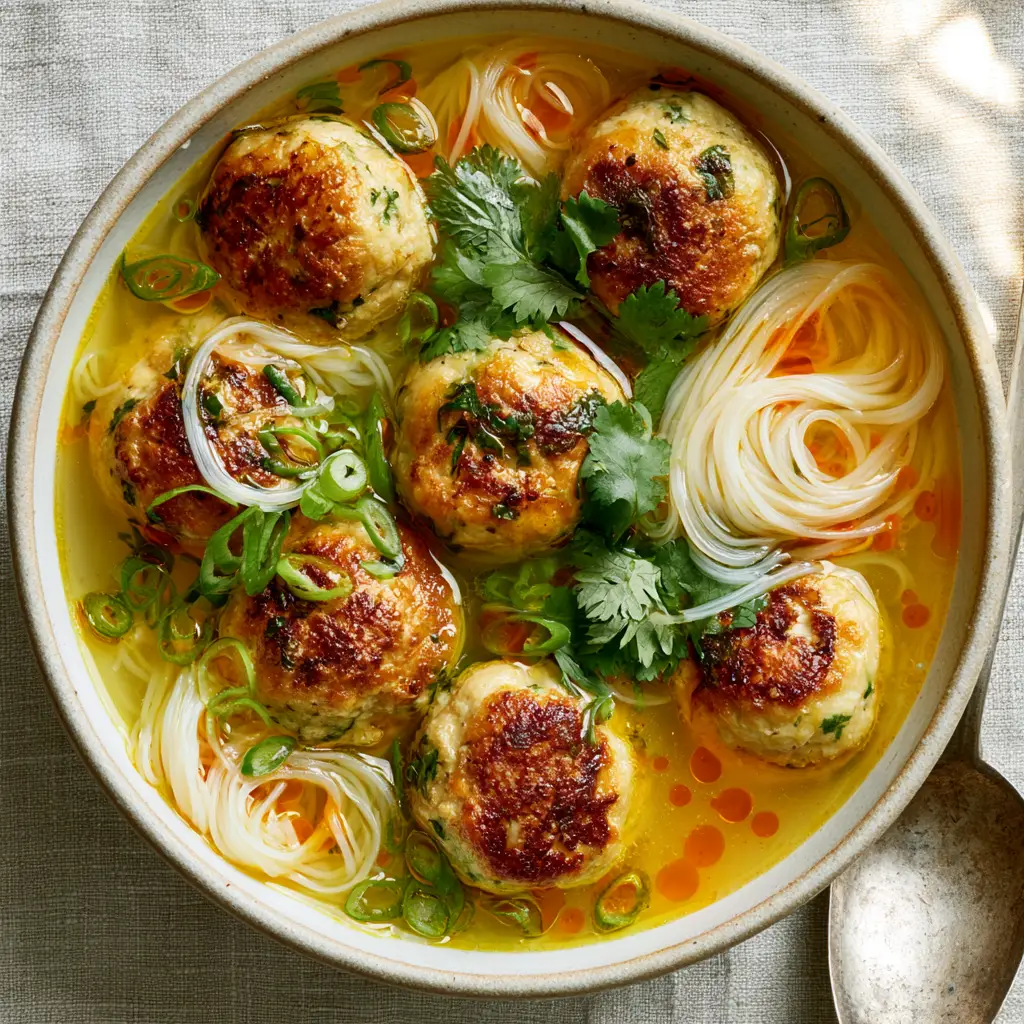Chicken Meatball Noodle Soup with Chili Oil and Fresh Herbs 2 Top-down macro shot of Chicken Meatball Noodle Soup showing herb-flecked meatballs and vibrant green scallions.