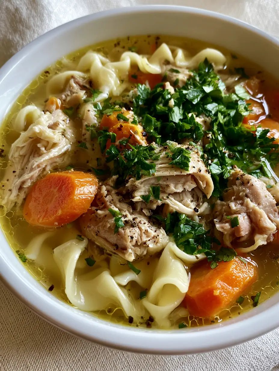 Chicken Noodle Soup with Rotisserie Chicken and Crystal-Clear Golden Broth 4 Extreme close-up of chicken noodle soup showing the texture of hand-shredded chicken and vibrant carrot coins in a deep golden broth.