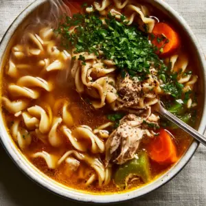Extreme overhead close-up of classic chicken noodle soup in a white bowl showing shimmering oil droplets on golden broth.