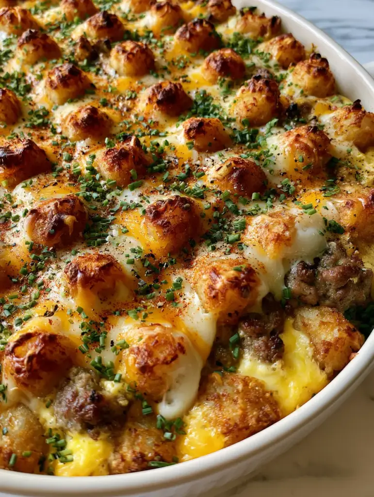 High-angle shot of a bubbling breakfast casserole with molten Monterey Jack and sharp cheddar cheese oozing between tots.