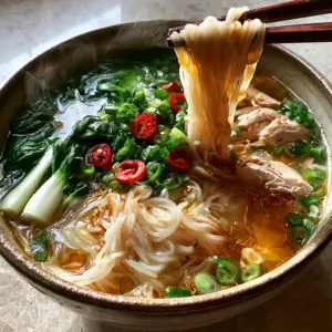 Close up of silky rice vermicelli noodles being lifted by dark wood chopsticks in a bowl of Chinese Rice Noodle Soup.
