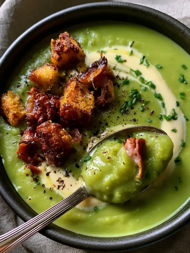 Close up of crispy pan-seared ham bits and sourdough croutons on top of green split pea soup.
