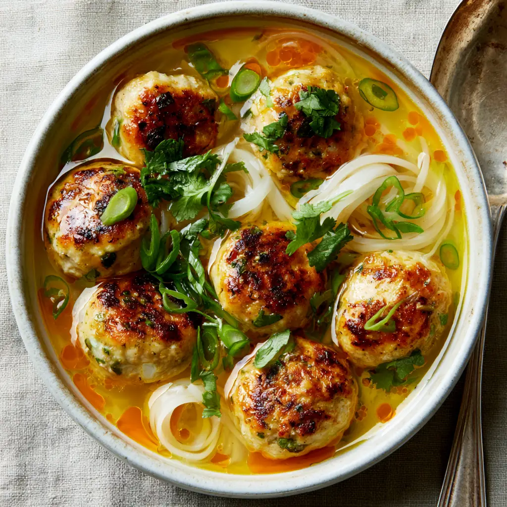 Chicken Meatball Noodle Soup with Chili Oil and Fresh Herbs 1 Close up of translucent rice noodles twirled in a golden chicken broth with orange chili oil ripples.