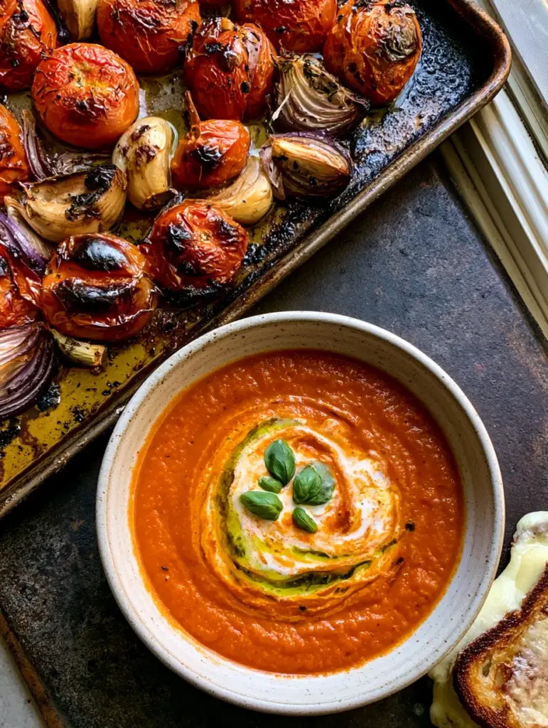 Close up of thick roasted tomato soup with a heavy cream swirl and a gruyere grilled cheese sandwich.