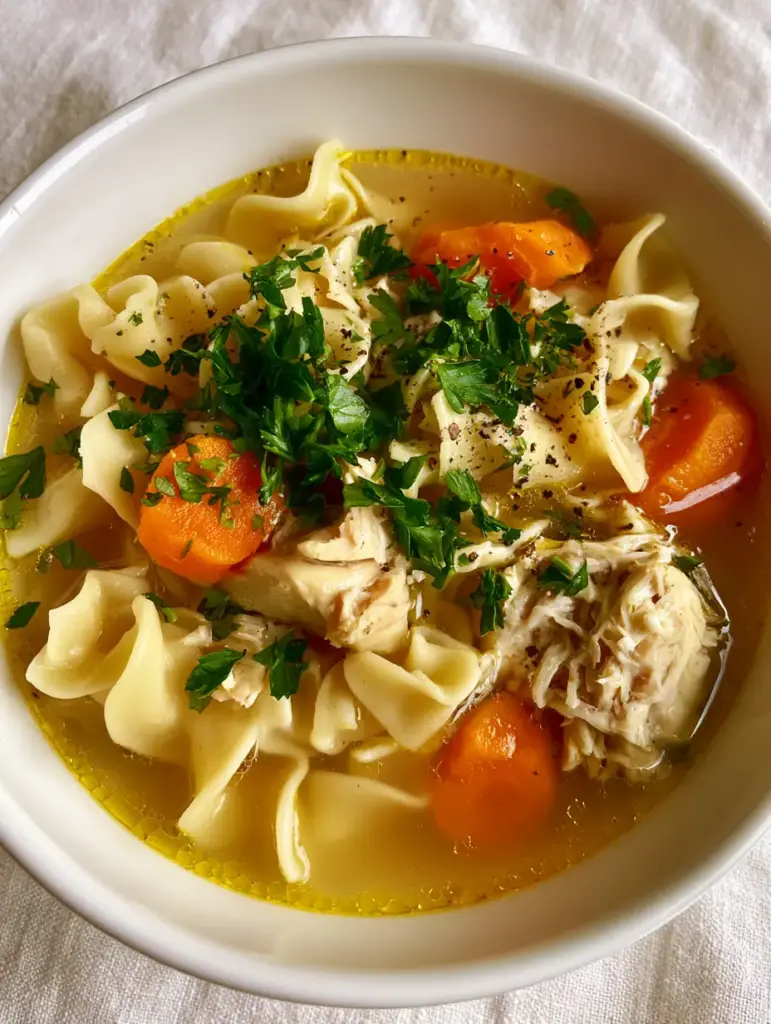 Chicken Noodle Soup with Rotisserie Chicken and Crystal-Clear Golden Broth 1 A premium white ceramic bowl of chicken noodle soup with al dente egg noodles and coarse cracked black pepper on a light linen background.