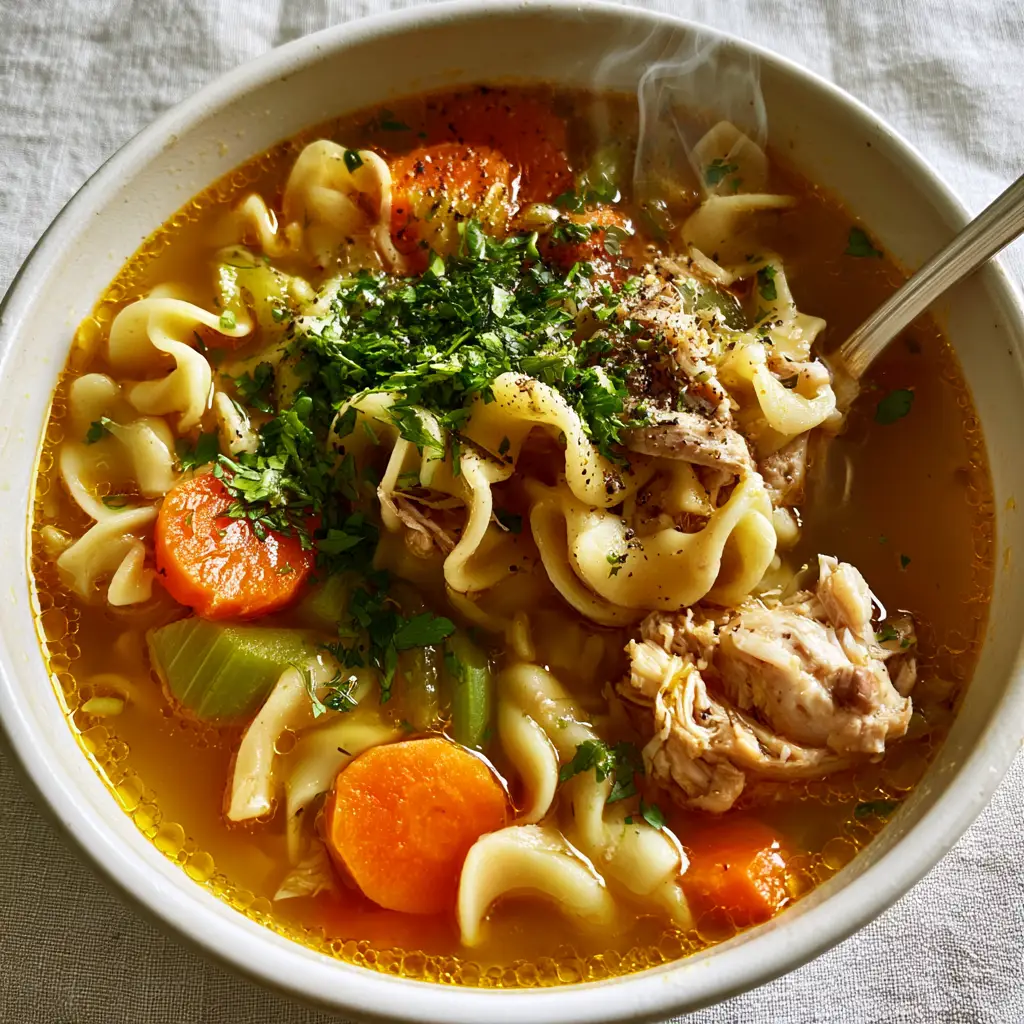 Close up of a silver spoon lifting thick wavy egg noodles and pulled chicken from a classic chicken noodle soup bowl.
