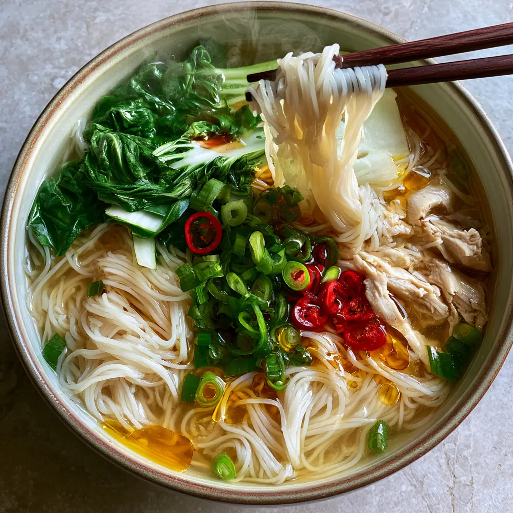 A steaming bowl of Chinese Rice Noodle Soup showing golden sesame oil droplets and vibrant red chili garnishes.