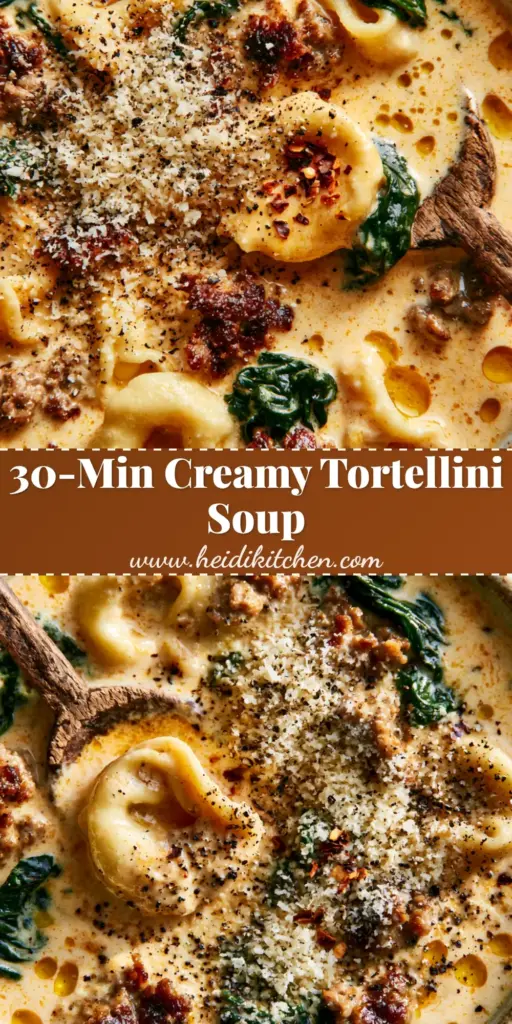 A close-up of creamy italian sausage tortellini soup in a rustic bowl with a wooden spoon, showing orange-tinted broth and wilted spinach.