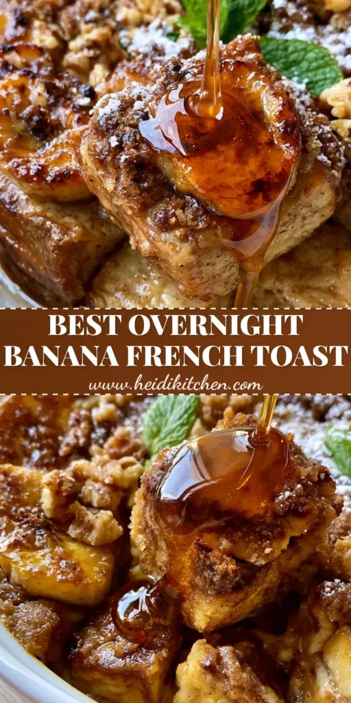 Banana French Toast Casserole with Brown Sugar Streusel 3 A close-up vertical shot of a lifted square of banana french toast casserole with a thick maple syrup drizzle, golden brown bananas, and crushed walnuts.